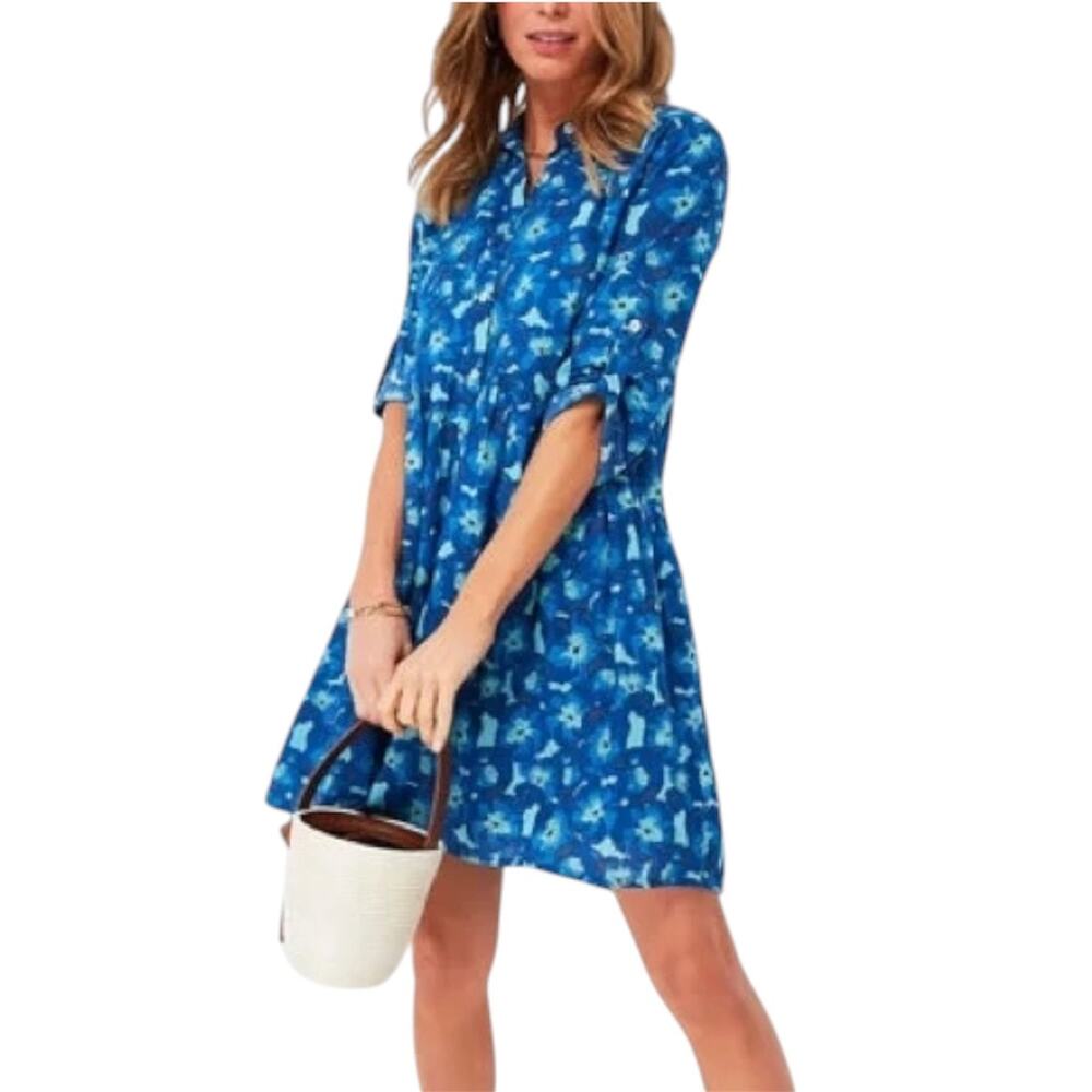 Ro’s Garden Deauville Floral Jacinta Blue Tiered Swing Shirtdress Large NWT